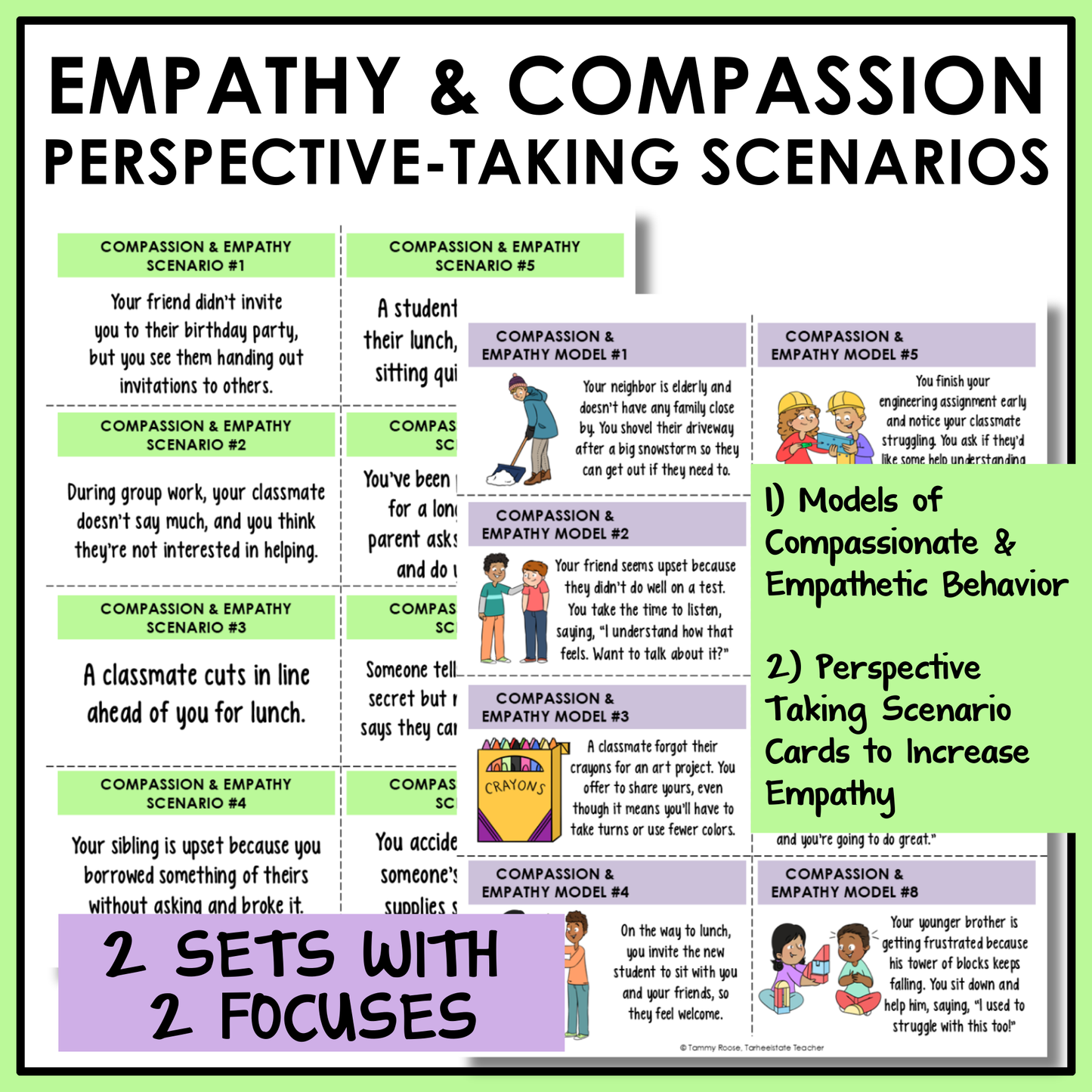 Educational material scenario task cards on empathy and compassion with example models of empathy