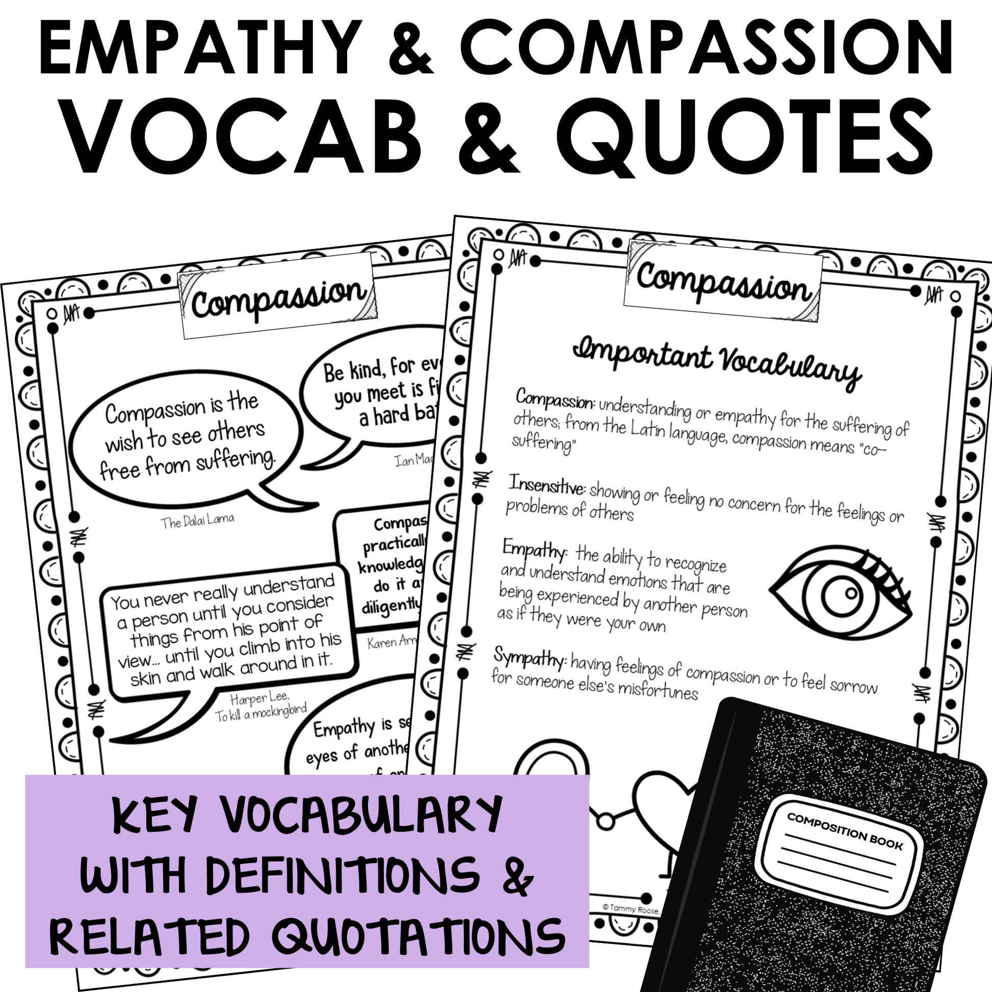 Educational material on empathy and compassion with vocabulary definitions and quotes.