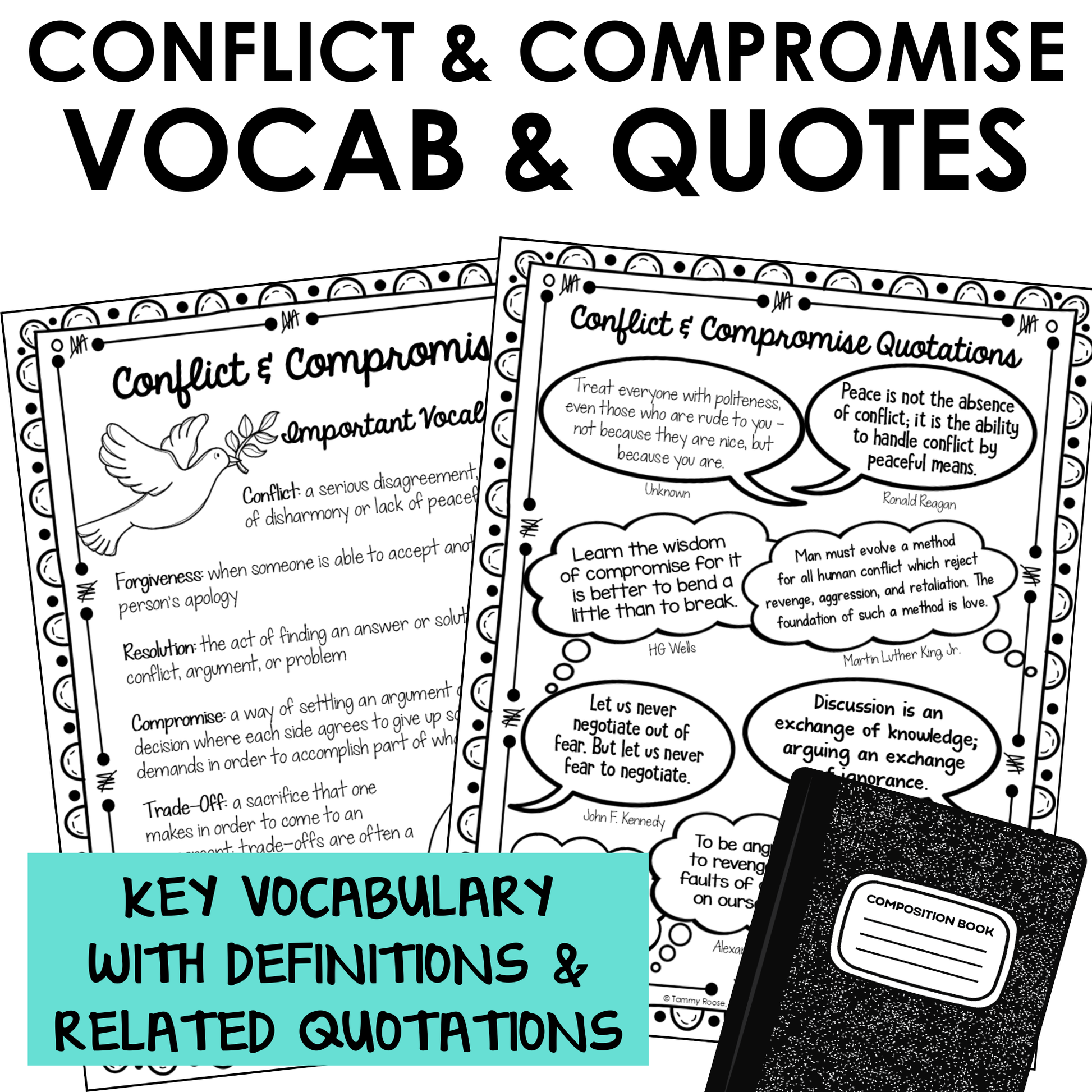 Conflict Resolution SEL unit includes important vocabulary with definitions and inspirational quotations for students.