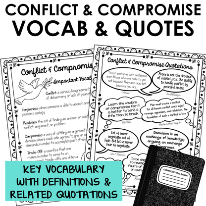 Conflict Resolution SEL unit includes important vocabulary with definitions and inspirational quotations for students.