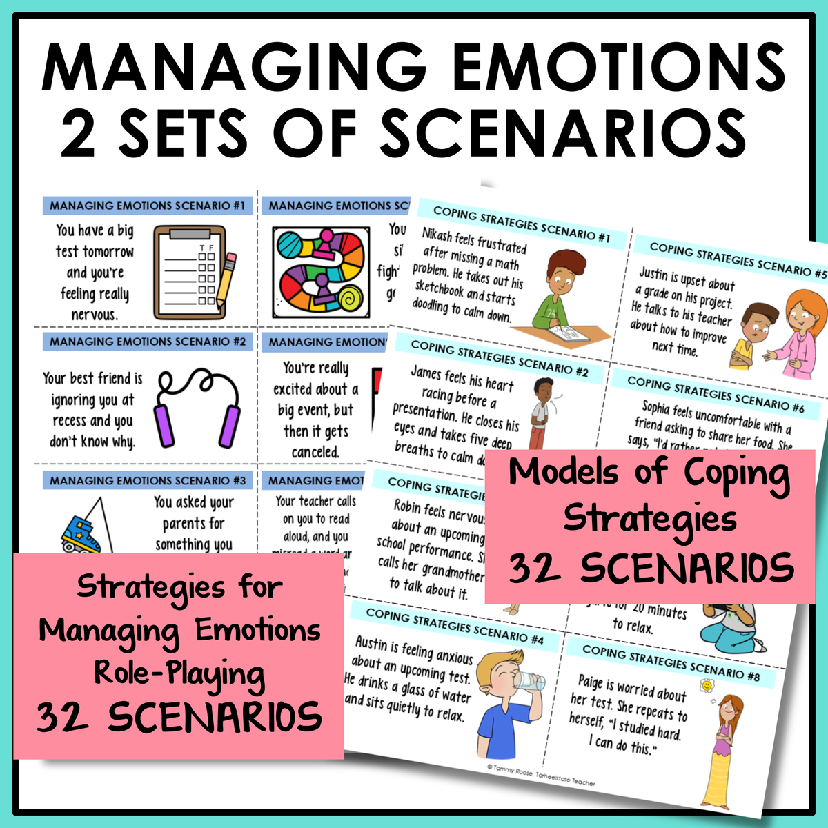 Managing emotions role play scenarios and models of coping strategies, 2 sets of 32 scenario cards