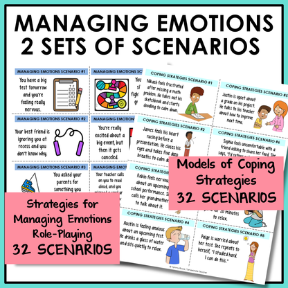 Managing emotions role play scenarios and models of coping strategies, 2 sets of 32 scenario cards