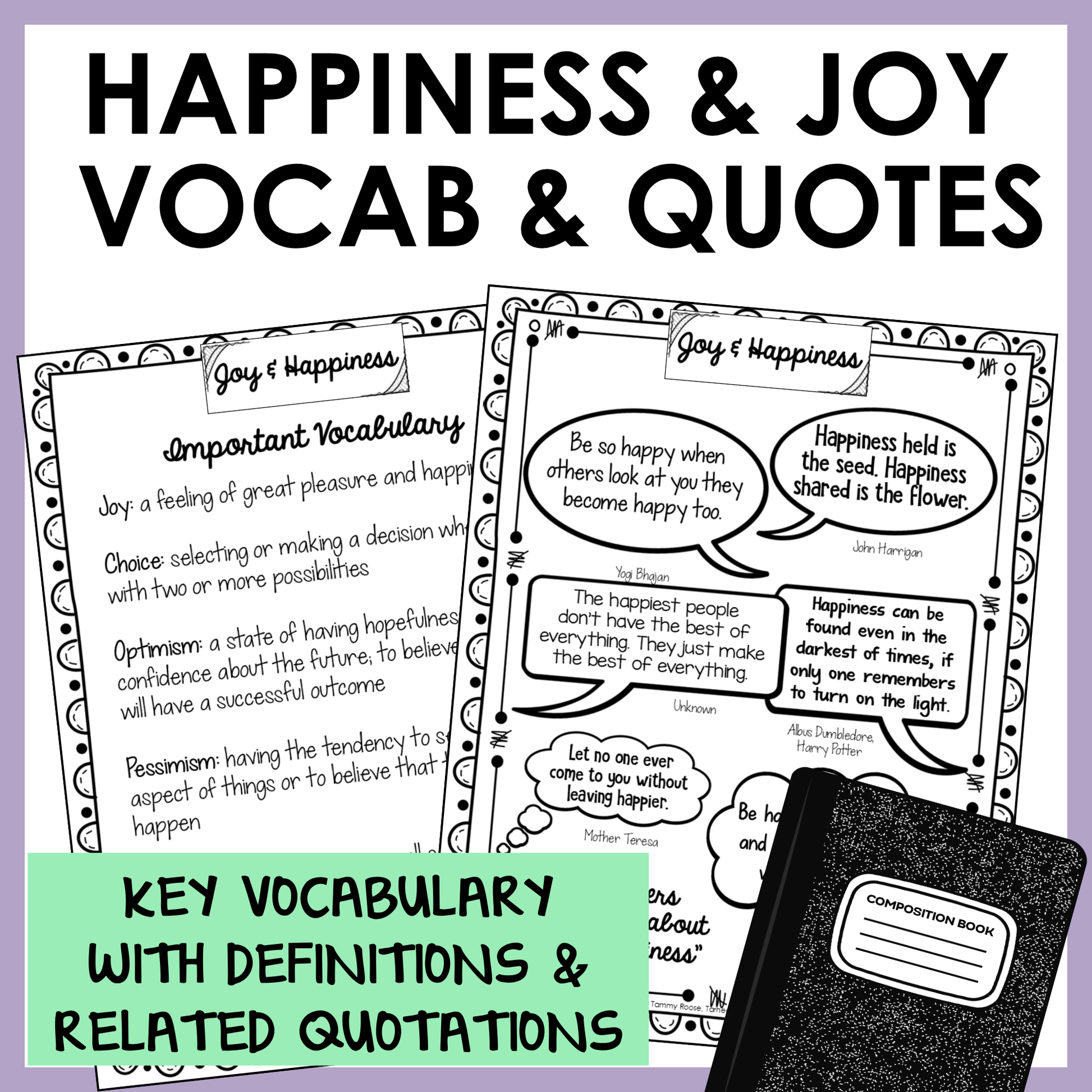 Happiness SEL unit includes important vocabulary with definitions and inspirational quotations for students.