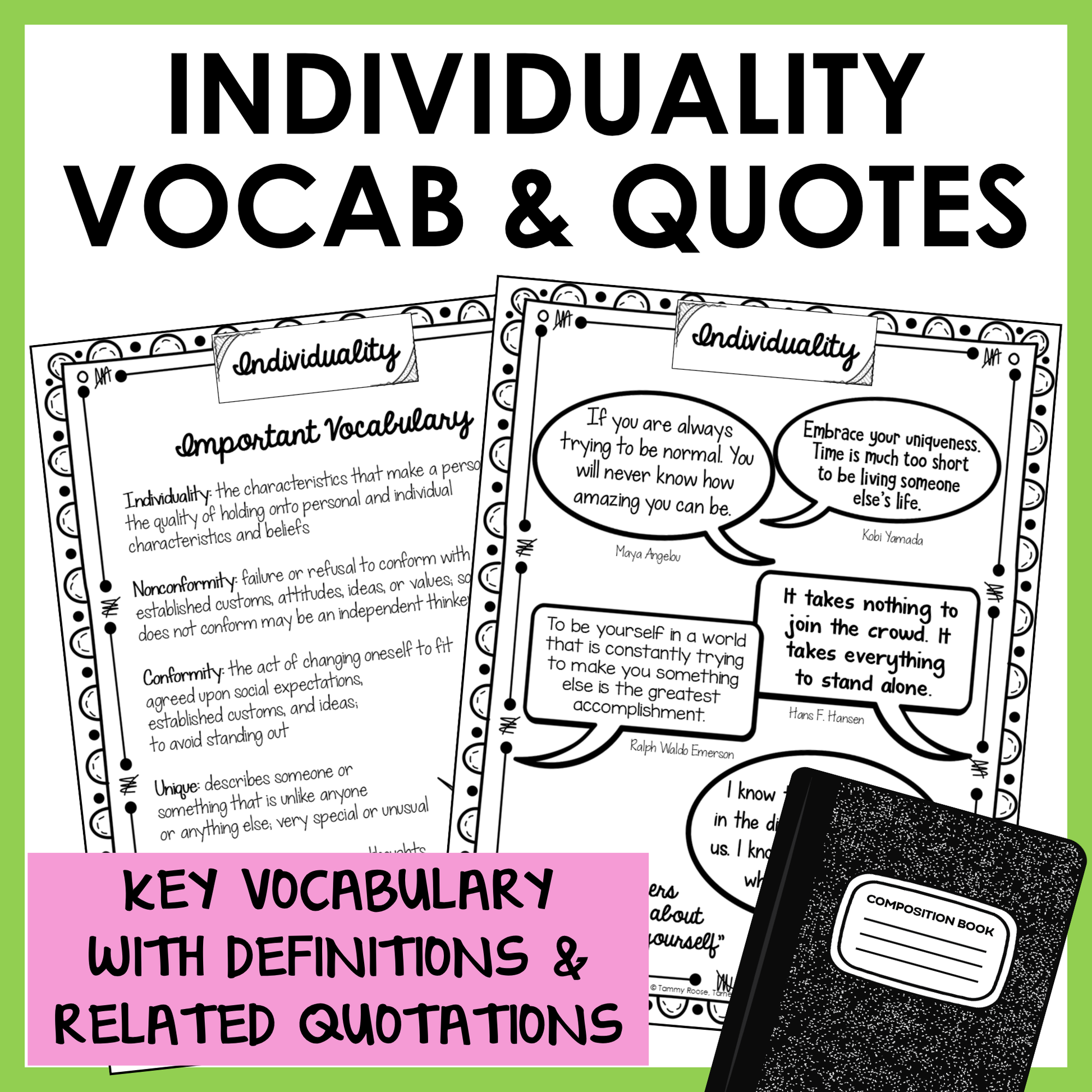 Individuality SEL unit includes important vocabulary with definitions and inspirational quotations for students.