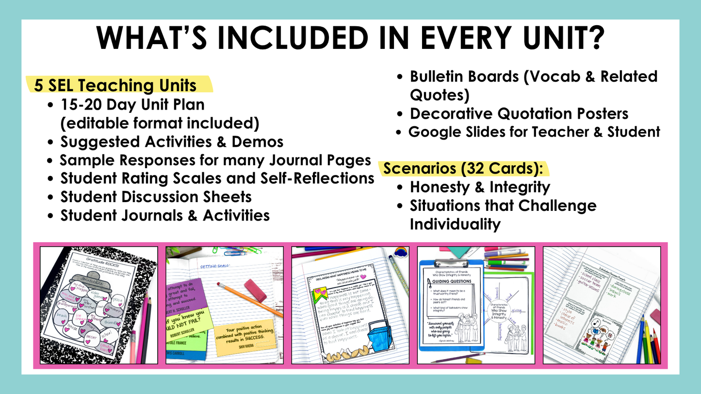 List of resources included in every social emotional learning unit