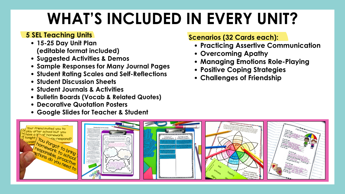 List of social emotional learning worksheets and activities included in every unit.