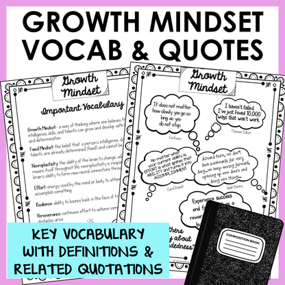 Growth Mindset SEL unit includes important vocabulary with definitions and inspirational quotations for students.