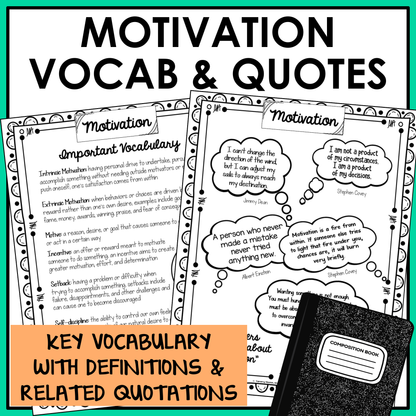 Intrinsic Motivation SEL unit includes important vocabulary with definitions and inspirational quotations for students.