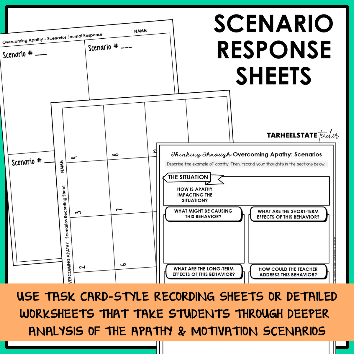 Overcoming apathy scenario response sheets and task card recording sheets