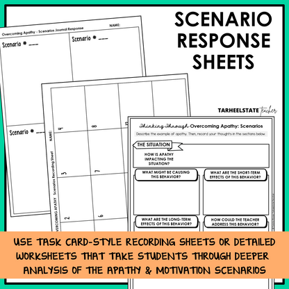 Overcoming apathy scenario response sheets and task card recording sheets