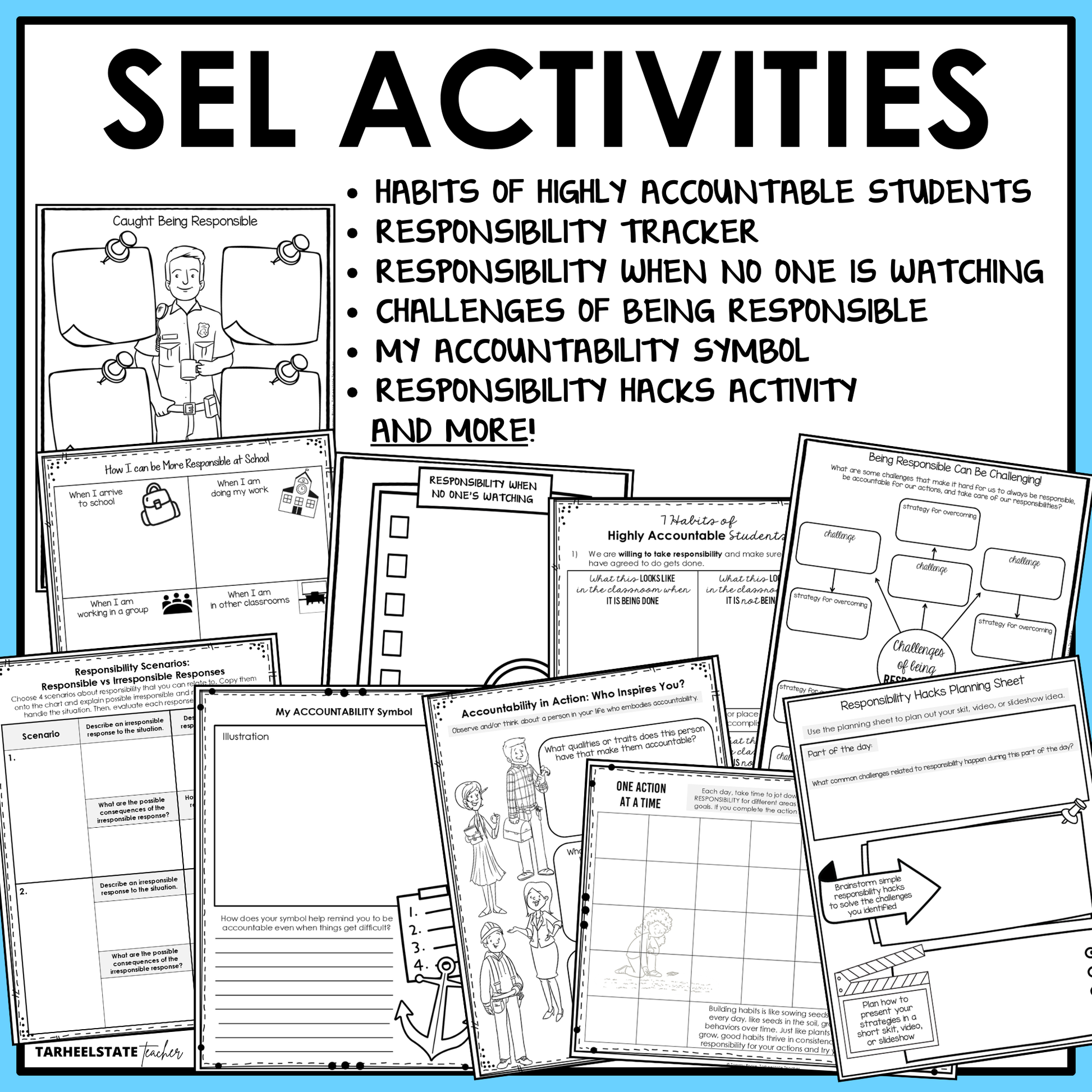 Responsibility SEL Unit includes social emotional learning activities and worksheets designed to teach students about accountability and the importance of responsible decision making.