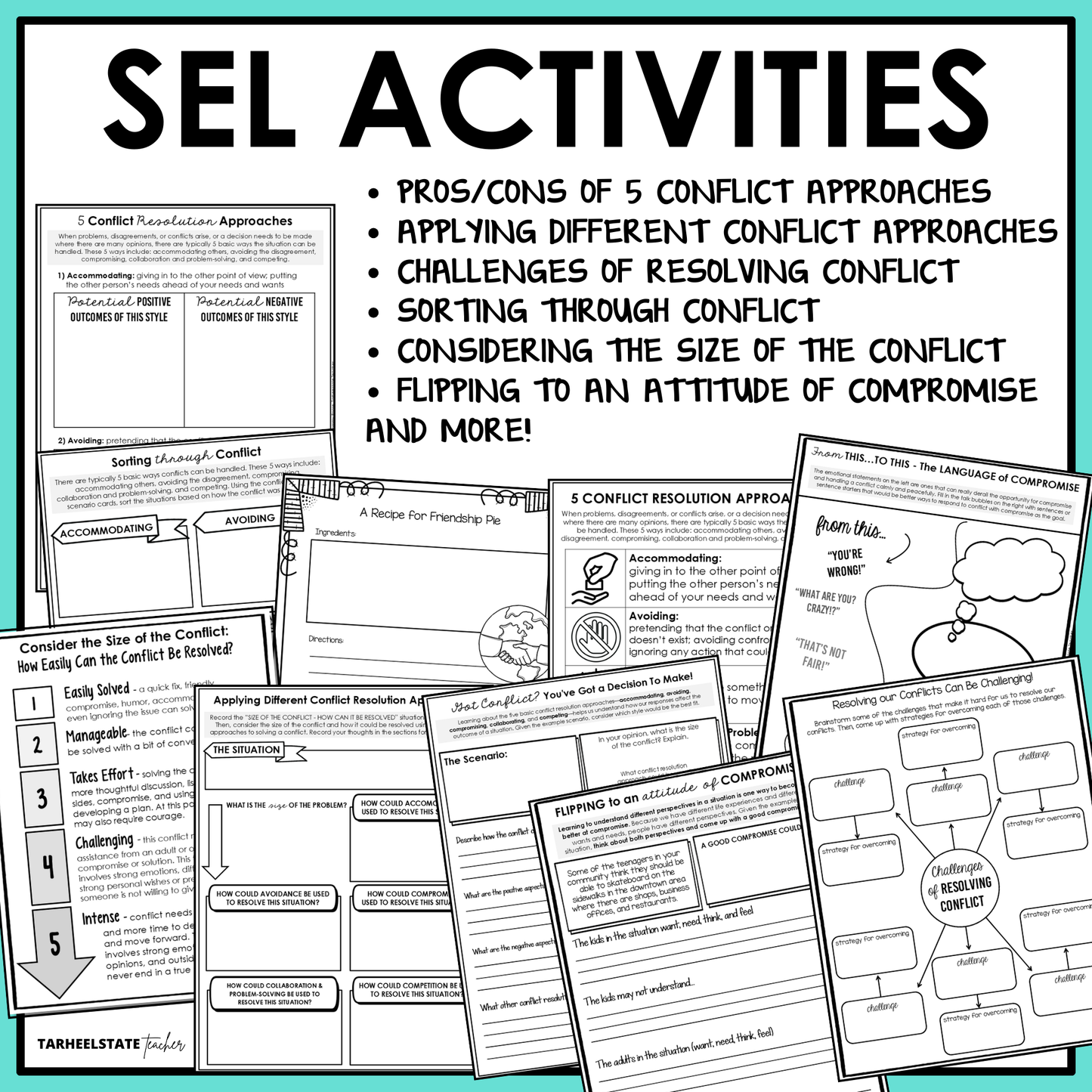 The Conflict Resolution SEL Unit includes social emotional learning activities and worksheets designed to teach students about resolving conflict and the importance of compromise.