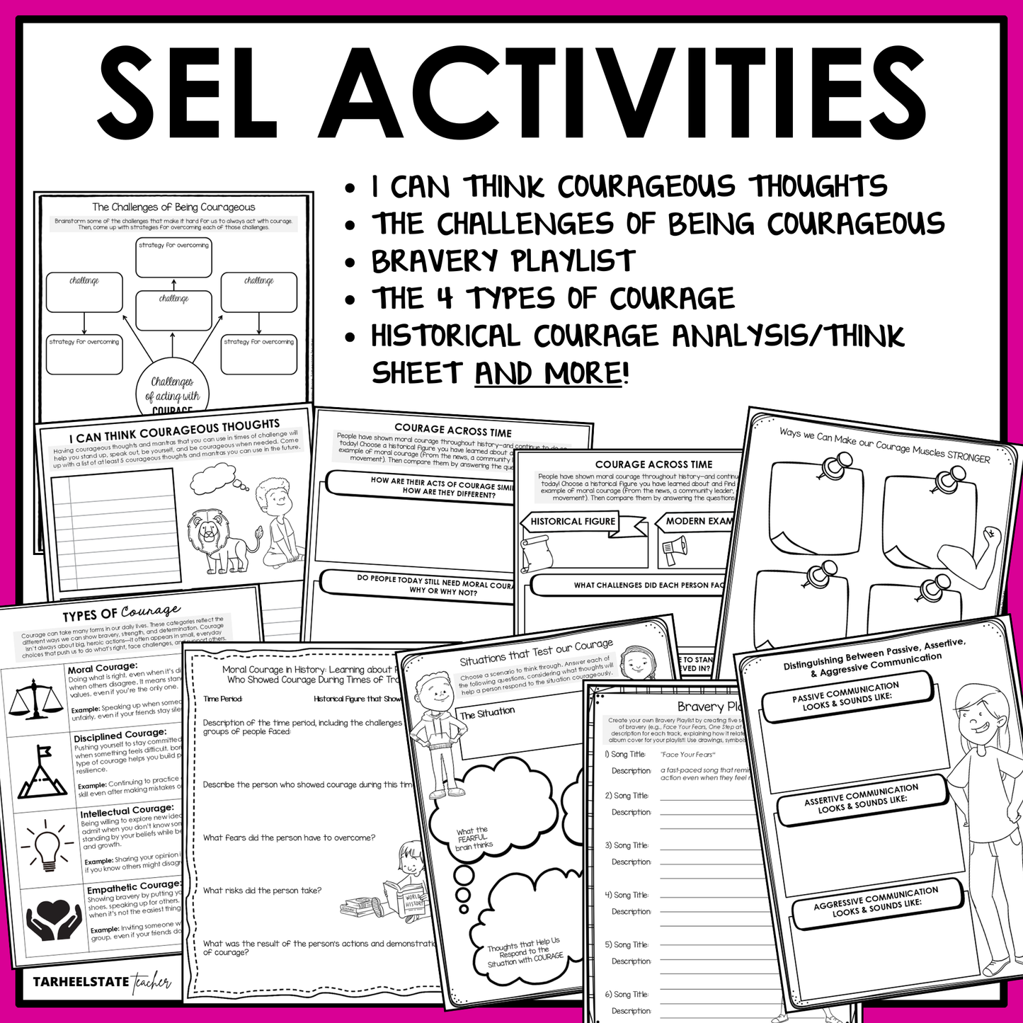The Courage SEL Unit includes social emotional learning activities and worksheets designed to teach students about courage and the importance of assertiveness.