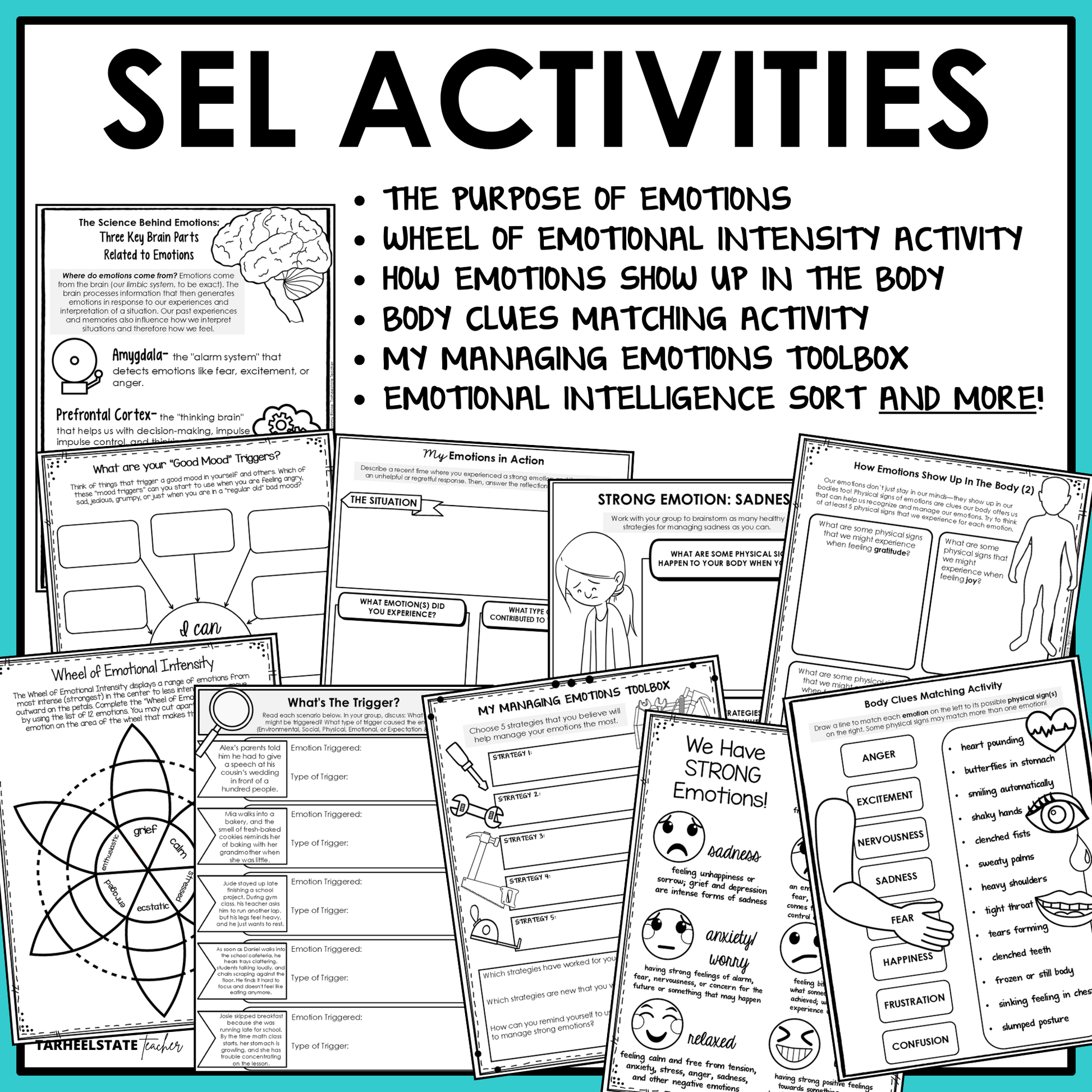 The Managing Emotions SEL Unit includes social emotional learning activities and worksheets designed to teach students how to identify and manage their emotions.