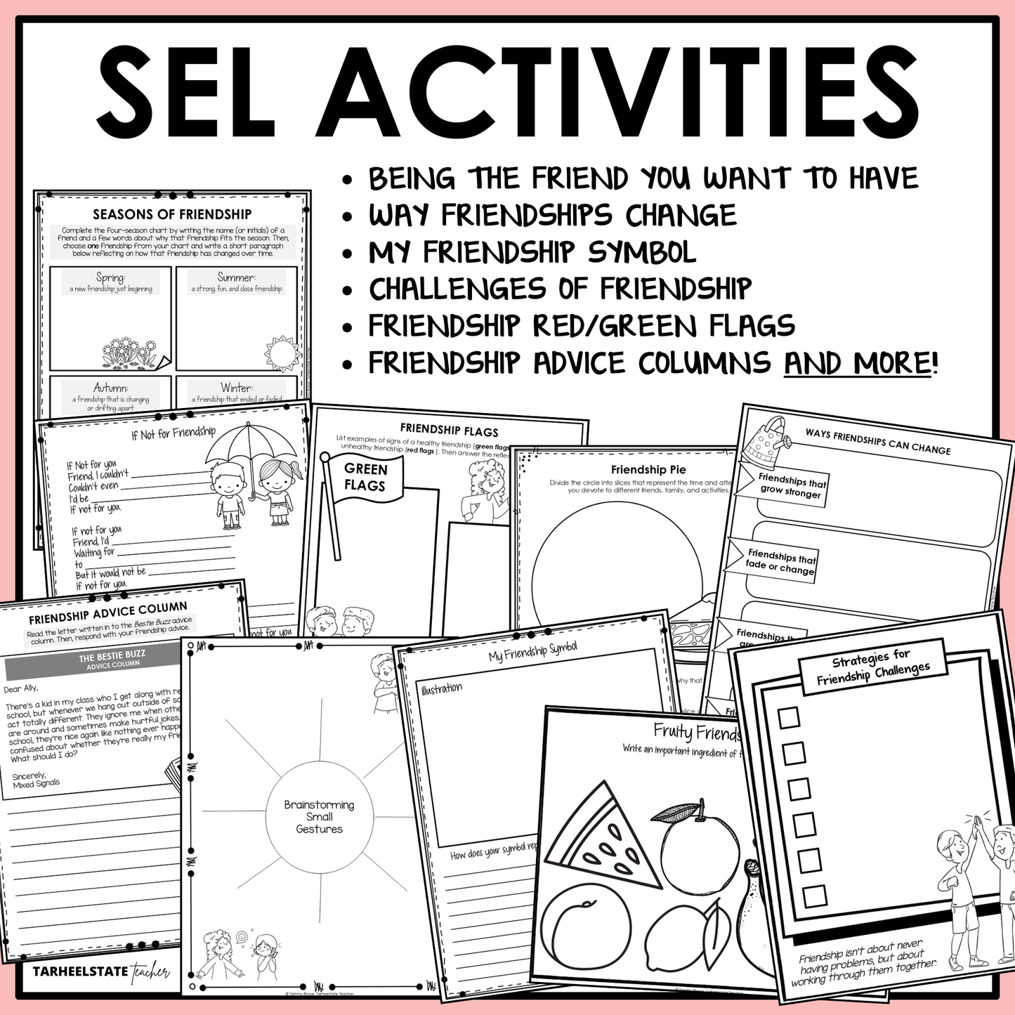 The Friendship SEL Unit includes social emotional learning activities and worksheets designed to teach students about friendship, how to handle friendship challenges, and importance of being a good friend.
