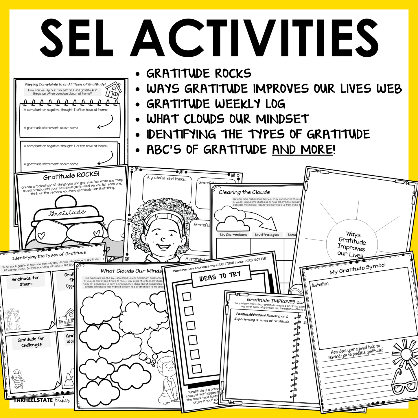 The Gratitude SEL Unit includes social emotional learning activities and worksheets designed to teach students about the benefits of gratitude and the importance of mindfulness.