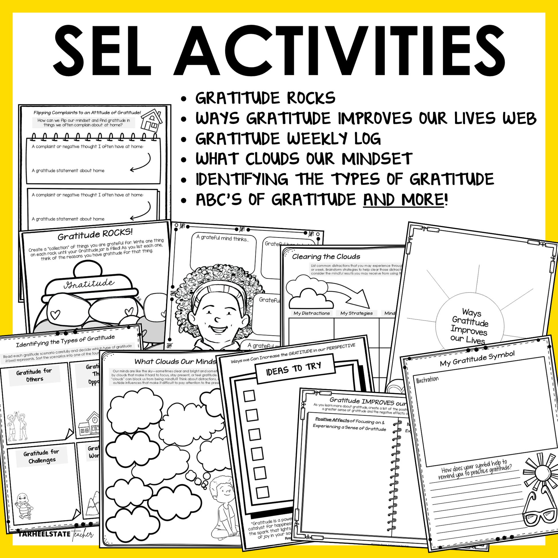 The Gratitude SEL Unit includes social emotional learning activities and worksheets designed to teach students about the benefits of gratitude and the importance of mindfulness.