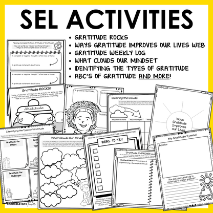 The Gratitude SEL Unit includes social emotional learning activities and worksheets designed to teach students about the benefits of gratitude and the importance of mindfulness.
