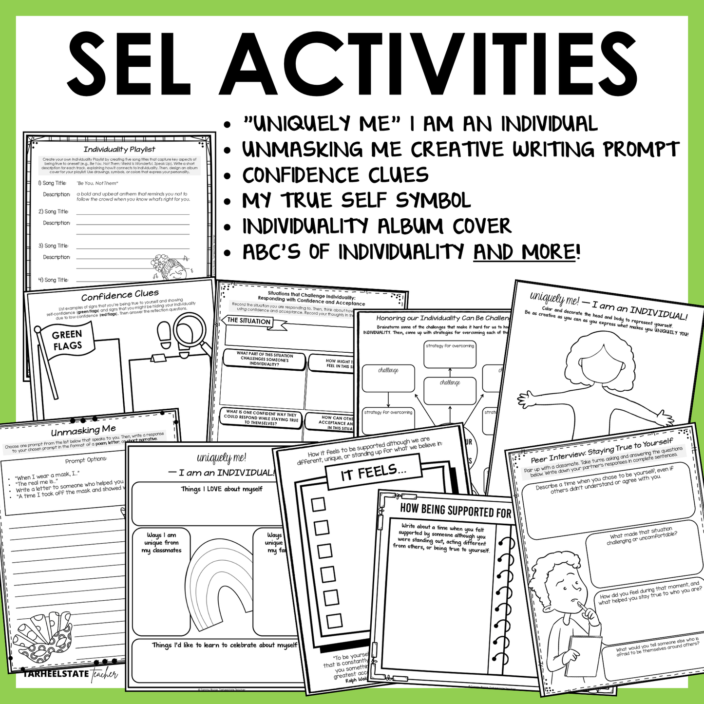 The Individuality SEL Unit includes social emotional learning activities and worksheets designed to teach students about identity and the importance of self-acceptance.