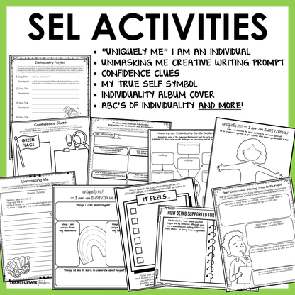 The Individuality SEL Unit includes social emotional learning activities and worksheets designed to teach students about identity and the importance of self-acceptance.