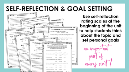 Self-reflection and goal setting social emotional learning worksheets included for every topic in the Social Emotional Learning Activities Bundle.