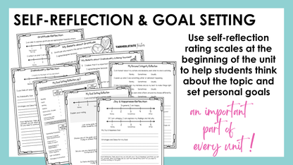 Self-reflection and goal setting social emotional learning worksheets included for each topic in this bundle.