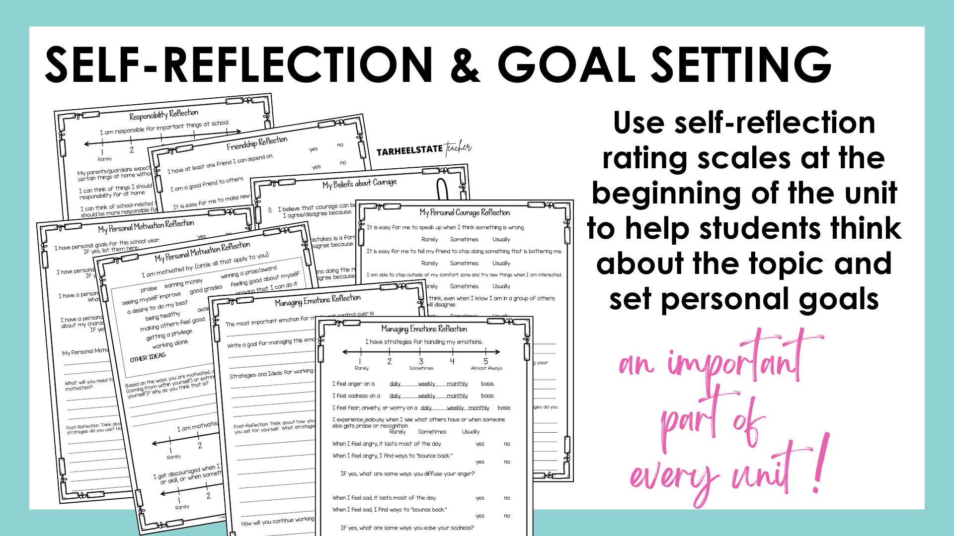 Self-reflection and goal setting social emotional worksheets included in every social emotional learning unit.