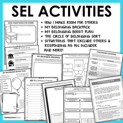 Belonging and Inclusion SEL Unit includes social emotional learning activities and worksheets designed to teach students about belonging and the importance of inclusion.