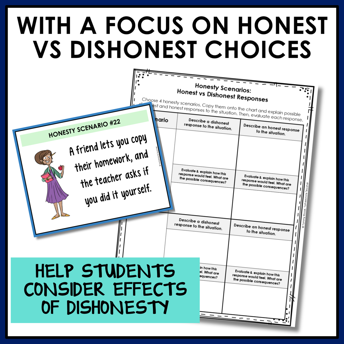 Honest vs dishonest choices worksheet to help students consider the effects of dishonesty
