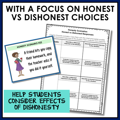 Honest vs dishonest choices worksheet to help students consider the effects of dishonesty