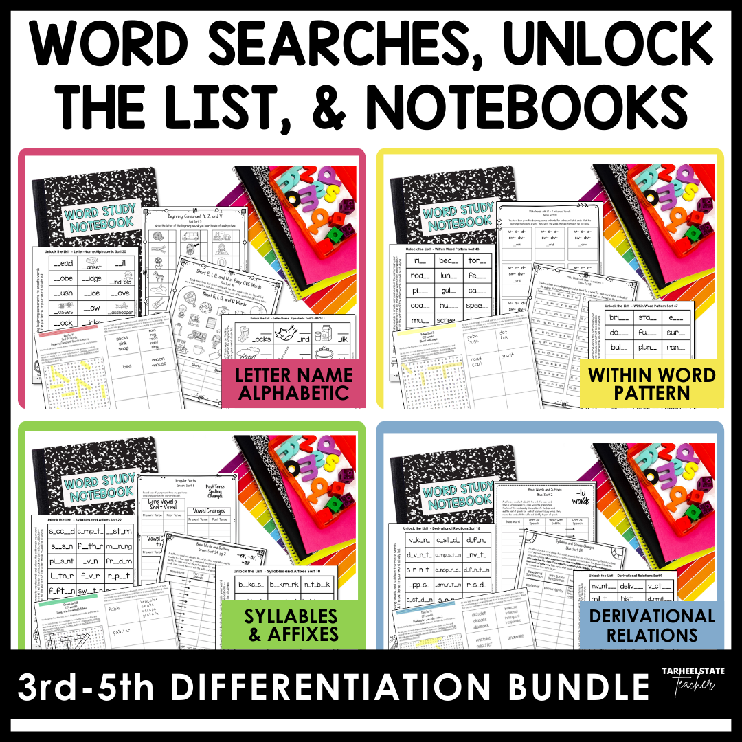 Collection of spelling activities including word searches, unlock the list (fill-in-the-blank spelling activities), weekly homework word lists and sorts, and word study notebooks for 3rd to 5th grade differentiation.