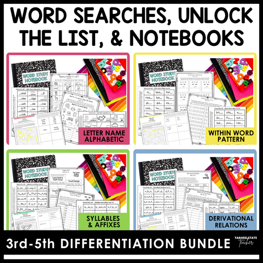 Collection of spelling activities including word searches, unlock the list (fill-in-the-blank spelling activities), weekly homework word lists and sorts, and word study notebooks for 3rd to 5th grade differentiation.
