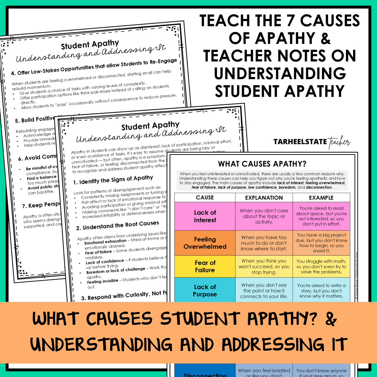 What causes student apathy chart and teacher notes on understanding and addressing student apathy
