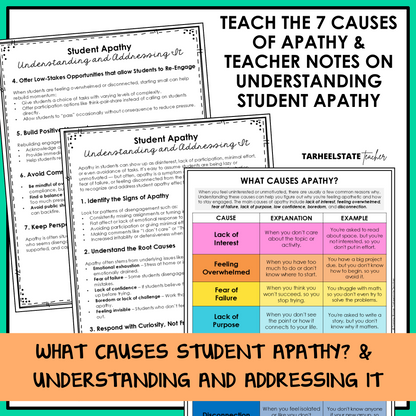 What causes student apathy chart and teacher notes on understanding and addressing student apathy