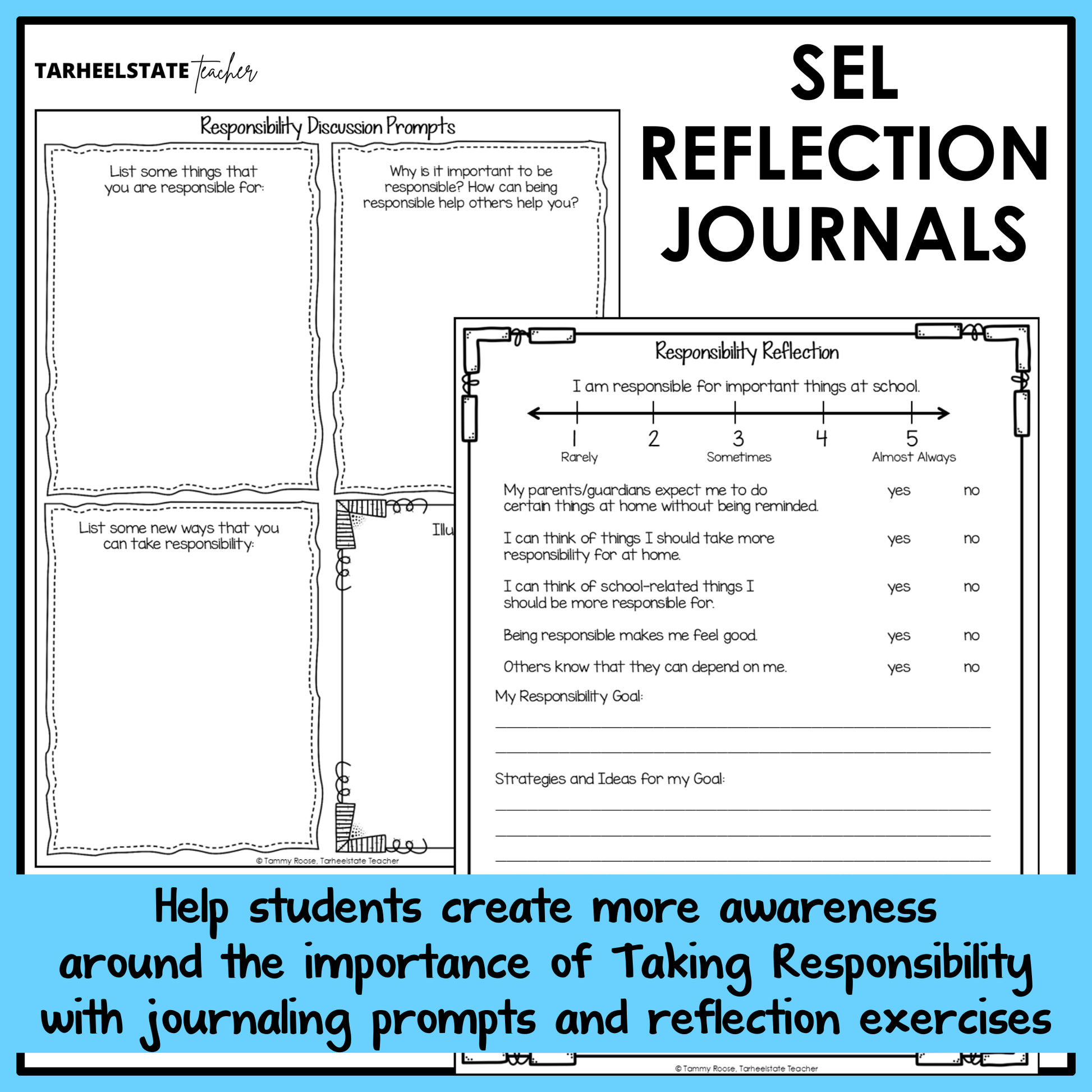 SEL reflection journals with prompts and social emotional learning activities to build emotional awareness