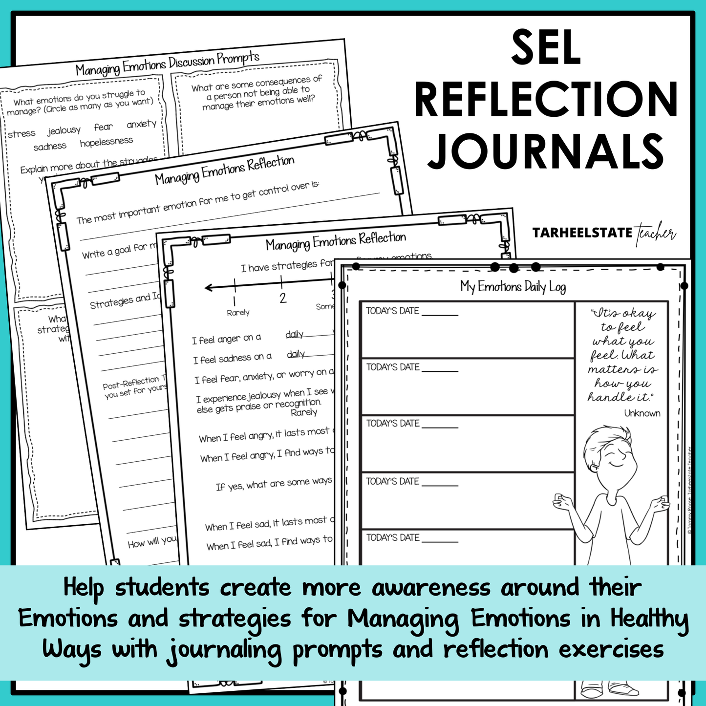SEL reflection journals with prompts and social emotional learning activities to build emotional awareness