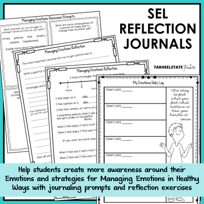 SEL reflection journals with prompts and social emotional learning activities to build emotional awareness