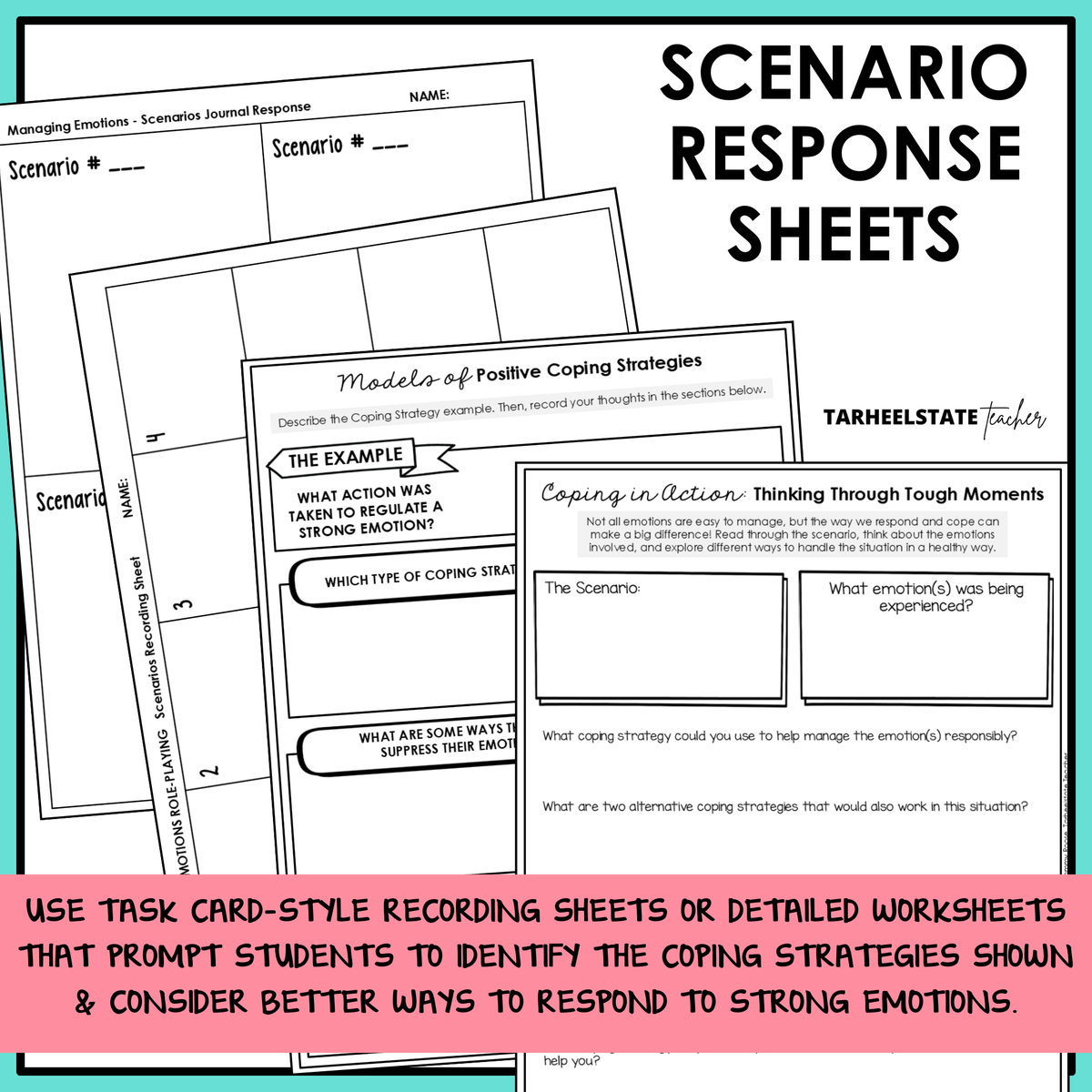 Positive coping strategies scenario response sheets and task card recording sheets
