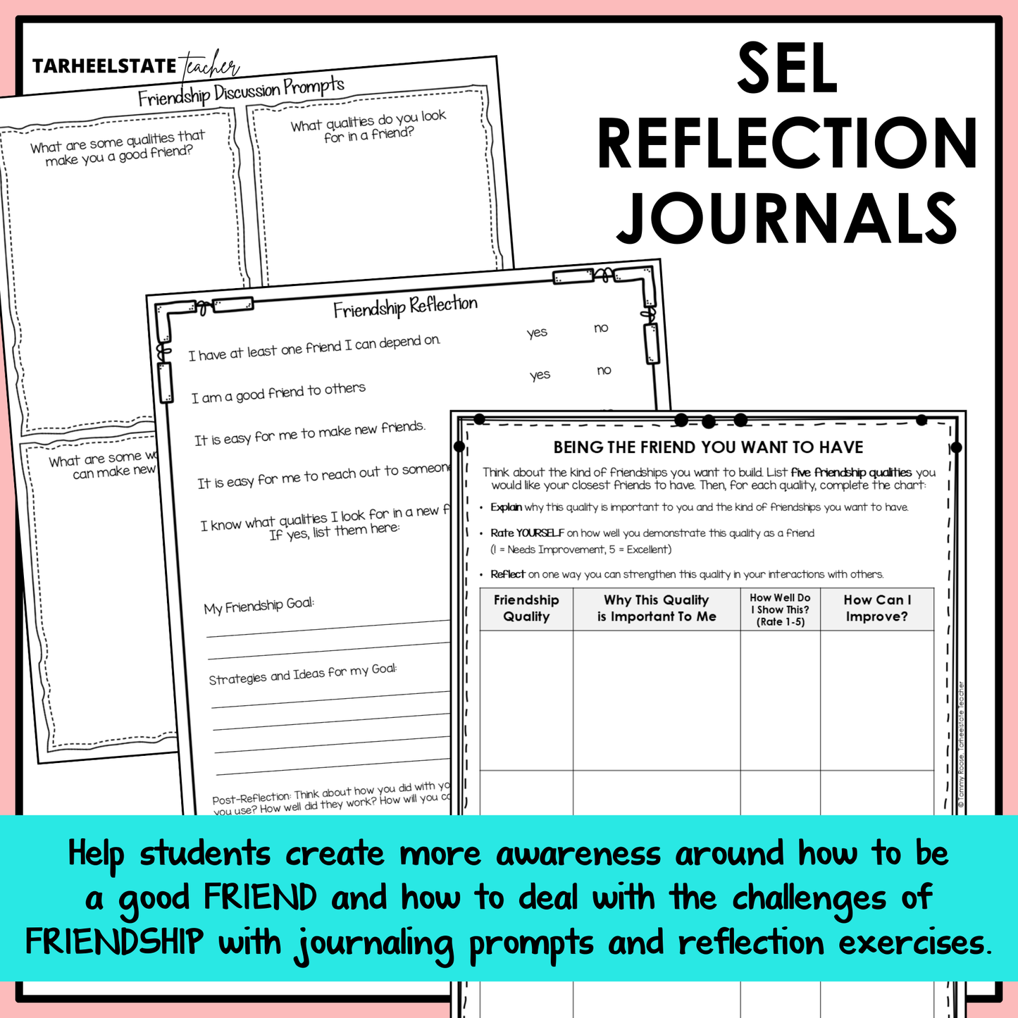 SEL reflection journals with prompts and social emotional learning activities to build emotional awareness