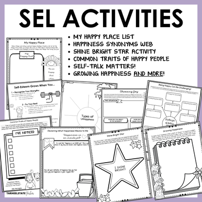 The Happiness SEL Unit includes social emotional learning activities and worksheets designed to teach students about happiness and the importance of mindfulness and self-esteem.