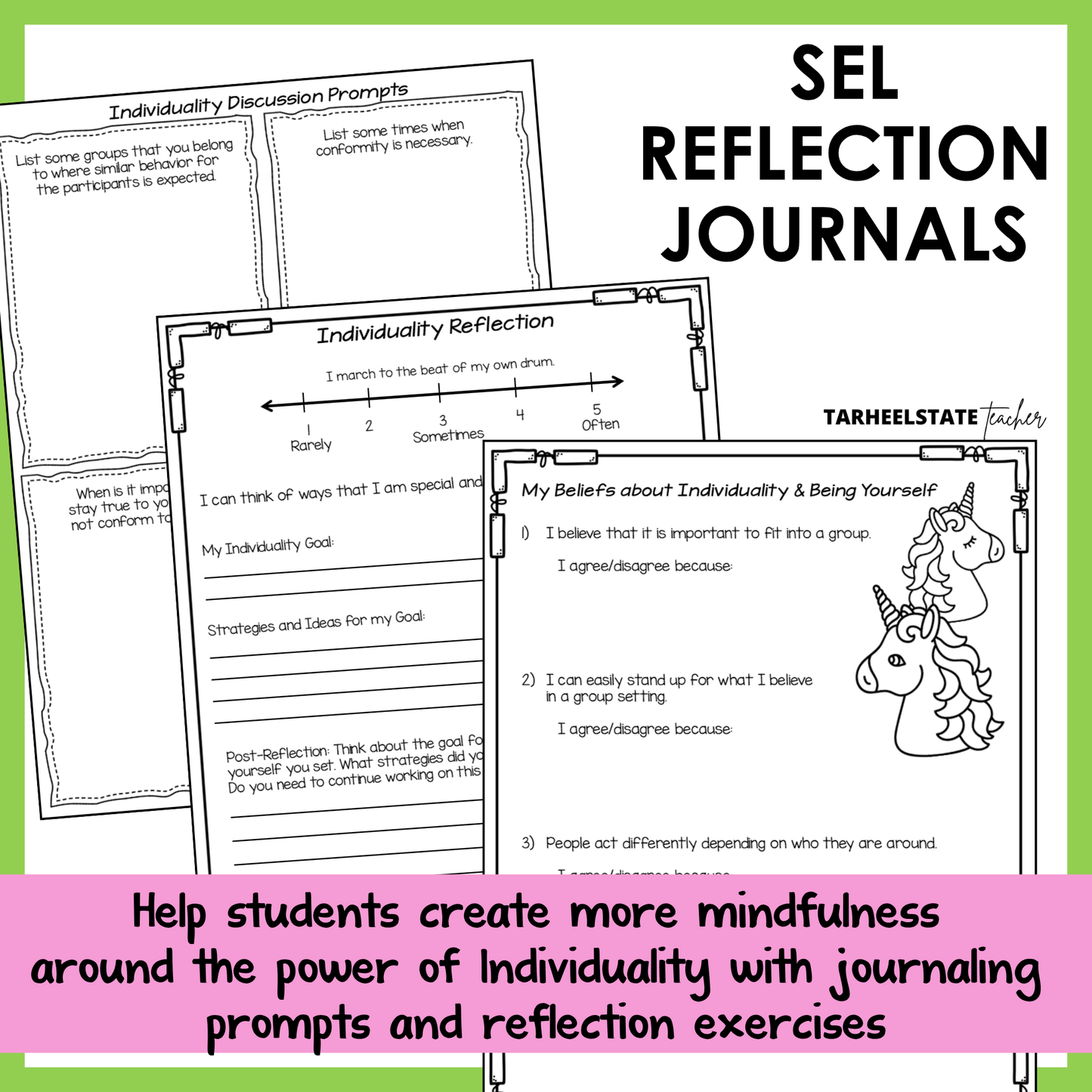 SEL reflection journals with prompts and social emotional learning activities to build emotional awareness