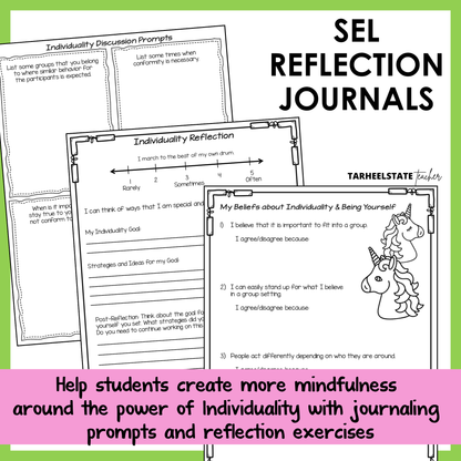 SEL reflection journals with prompts and social emotional learning activities to build emotional awareness