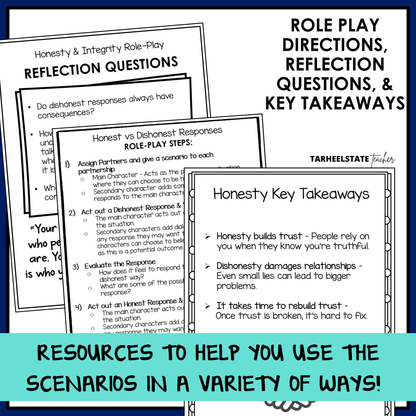 Honesty role play directions, reflection questions, and honesty key takeaways