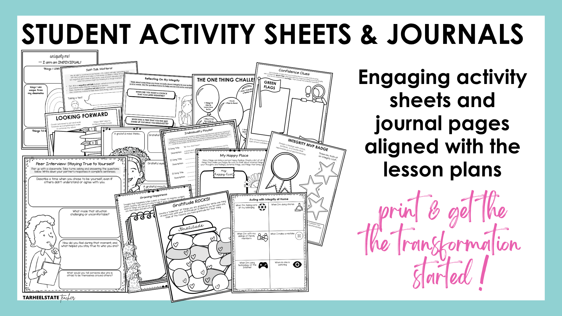 Social emotional learning worksheets and journal pages included for all five topics in the bundle.