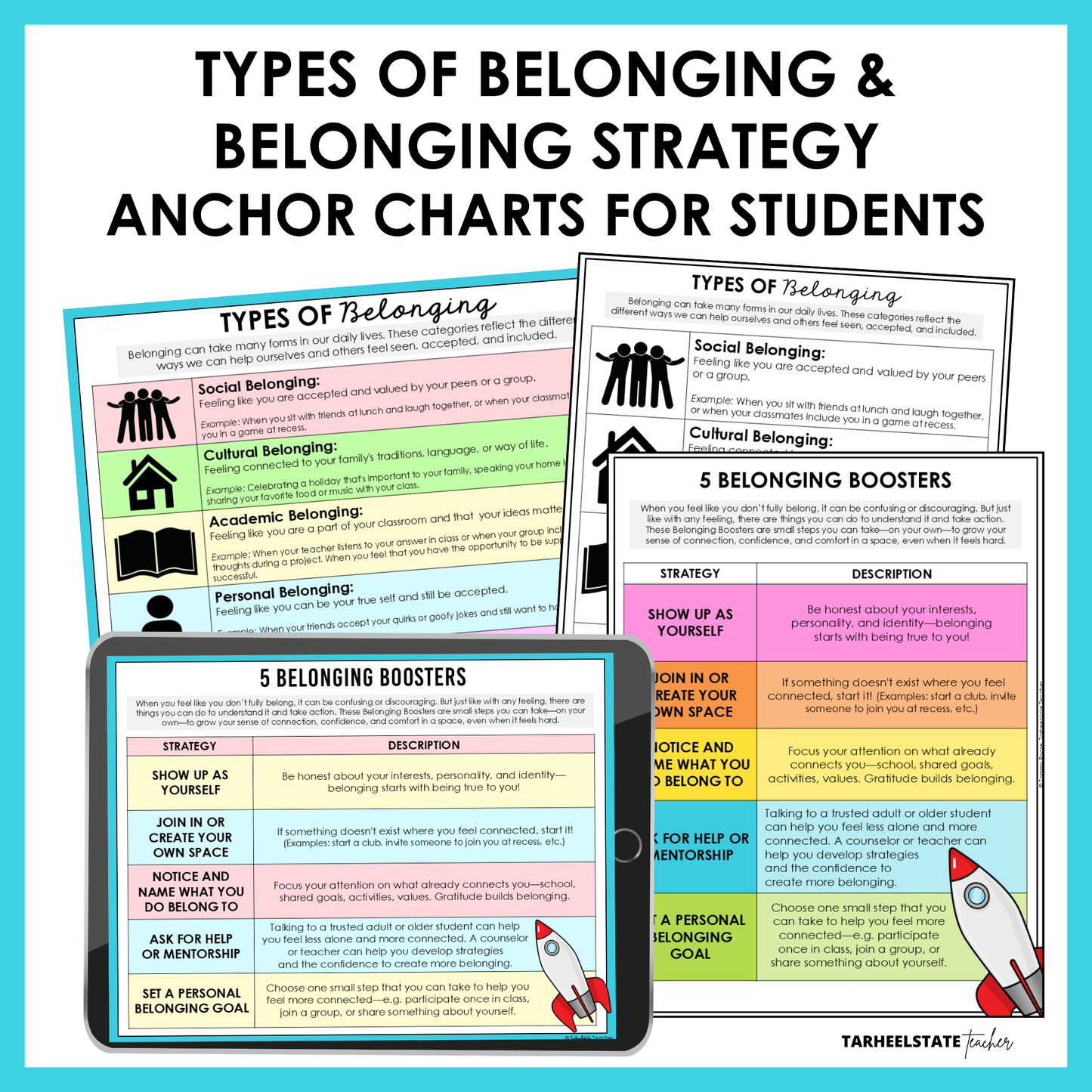 Teaching anchor charts for understanding types of belonging and strategies to foster belonging included in SEL unit.
