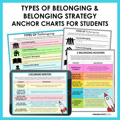 Teaching anchor charts for understanding types of belonging and strategies to foster belonging included in SEL unit.