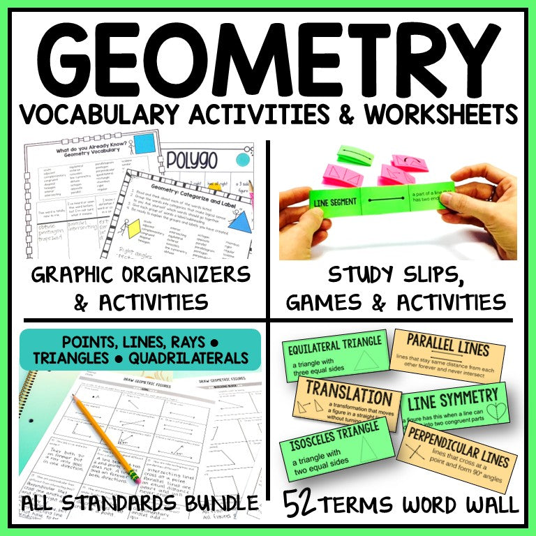 Geometry Resource BUNDLE Mastery Worksheets, Vocabulary Activities, Games, Word Wall