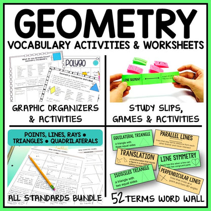 Geometry Resource BUNDLE Mastery Worksheets, Vocabulary Activities, Games, Word Wall