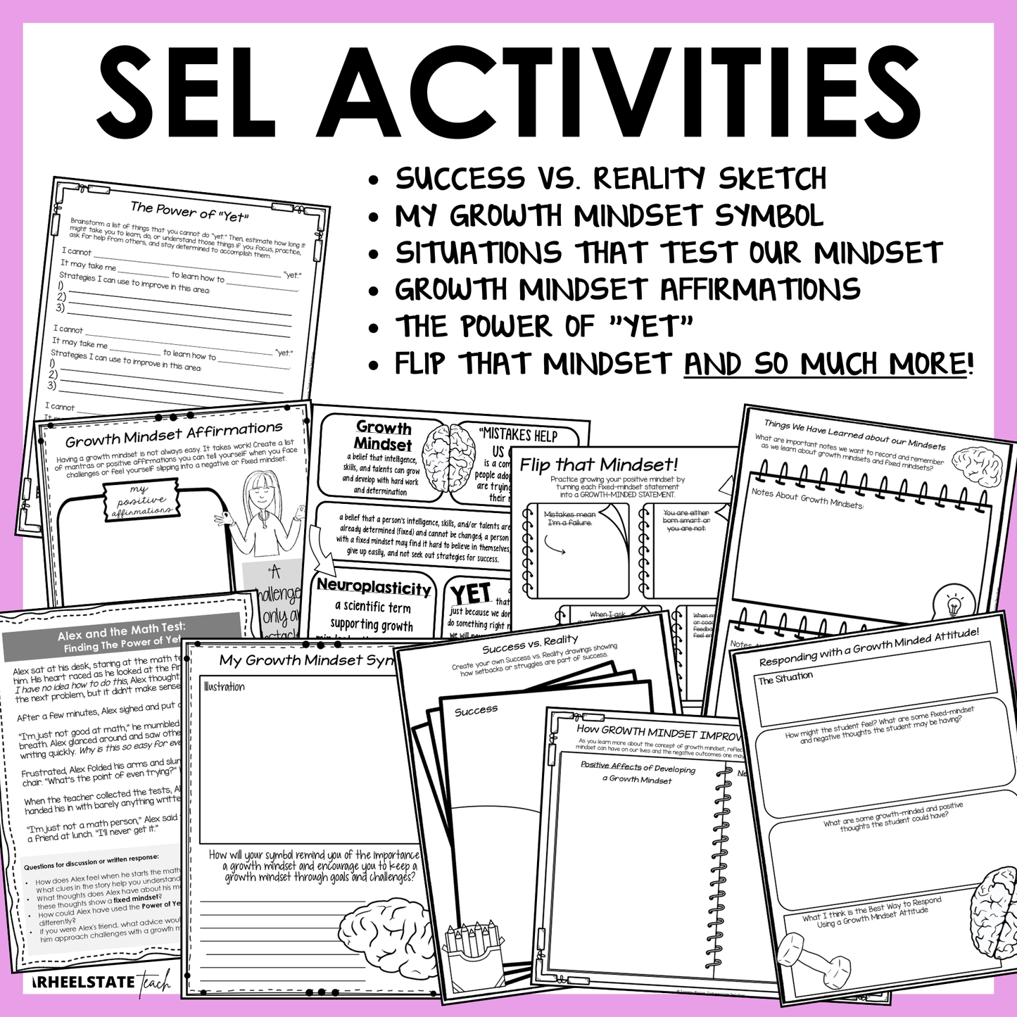 The Growth Mindset SEL Unit includes social emotional learning activities and worksheets designed to teach students about fixed mindsets and growth mindsets and the importance of maintaining a healthy growth mindset.