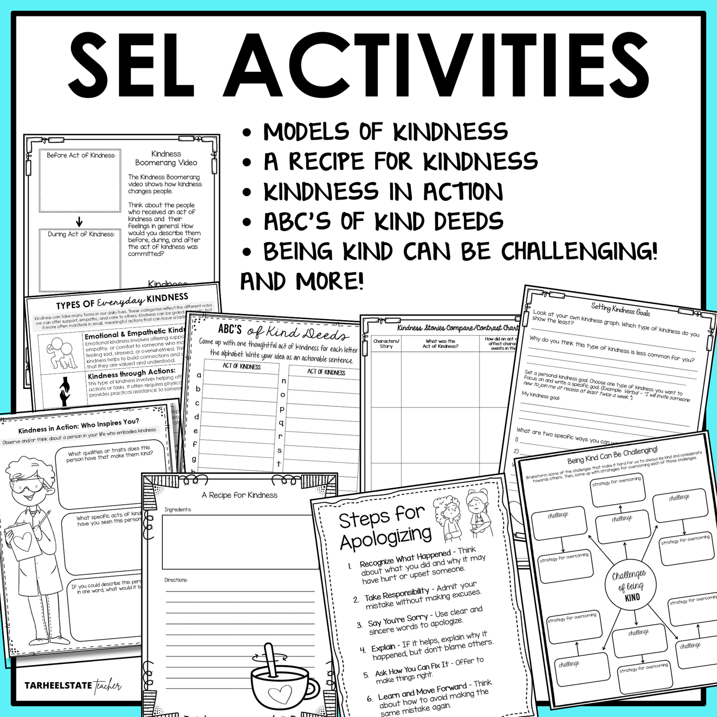 The Kindness SEL Unit includes social emotional learning activities and worksheets designed to teach students about kindness.